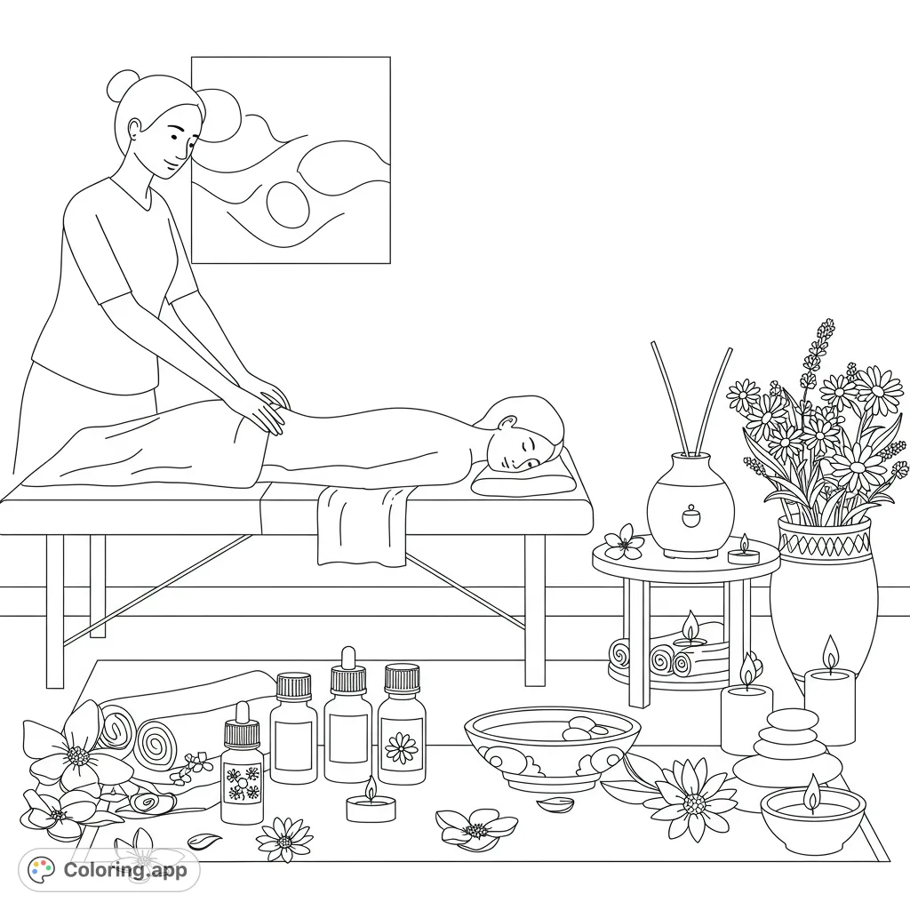 Relax with this aromatherapy massage scene. Features essential oils, calming plants, and a serene spa setting for mindful coloring.