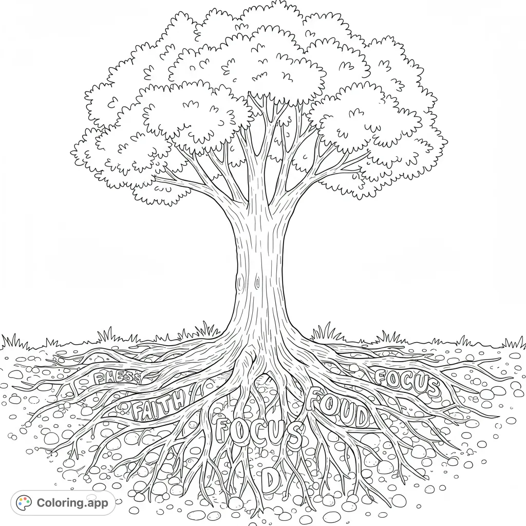 A powerful tree with roots forming words like "faith" and "focus," symbolizing growth and inner strength. A meaningful and inspiring coloring page.