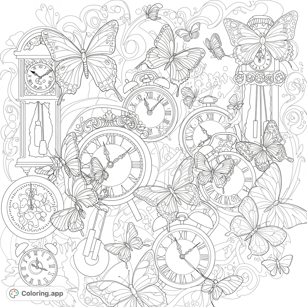 Discover a magical world where time takes flight! Intricate clock faces release graceful butterflies in a captivating scene, perfect for creative coloring.