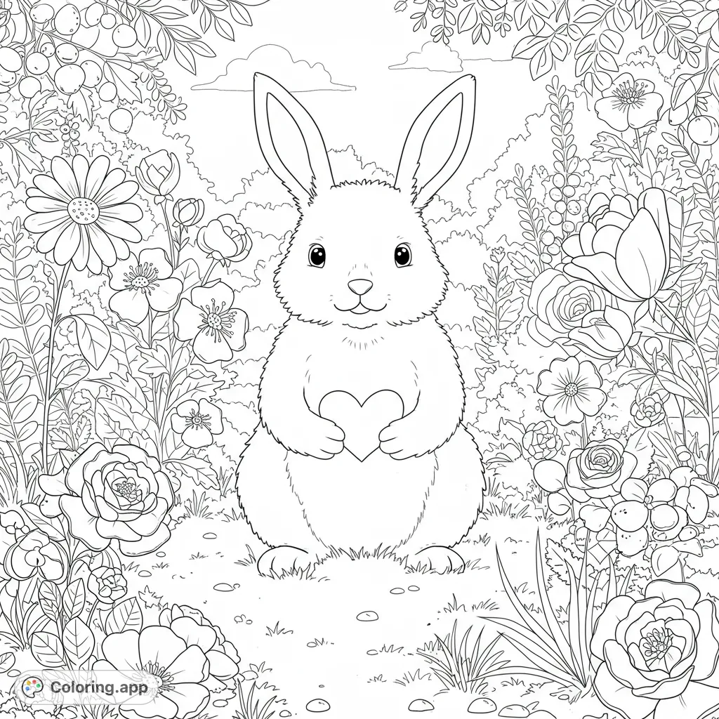 A charming rabbit holds a heart in a beautiful garden filled with blooming flowers. A delightful scene for a relaxing coloring experience.