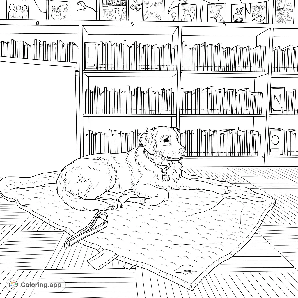 A serene Golden Retriever rests on a blanket in a library, surrounded by books and a charming wall mural. Perfect for dog lovers and book enthusiasts.