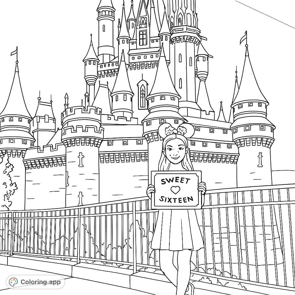 Celebrate a special milestone with this enchanting castle scene, featuring a young person holding a 'Sweet Sixteen' sign. Perfect for a memorable coloring experience.