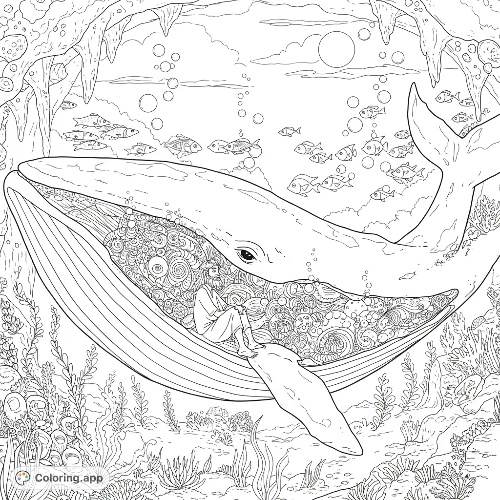 Explore the biblical tale of Jonah inside a colossal whale, featuring intricate patterns, swimming fish, and flowing seaweed in a detailed underwater scene.