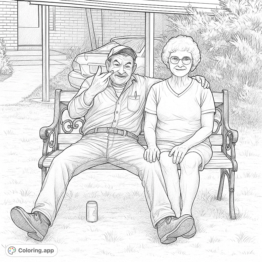 Capture a moment of leisure with this realistic coloring page featuring a man and woman relaxing on a park bench outdoors. Perfect for detailed coloring.