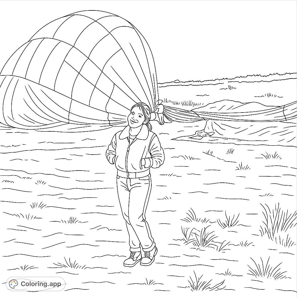 Explore a grand hot air balloon adventure! A person stands before a massive, partially deflated balloon in a vast field, ready for your creative touch.