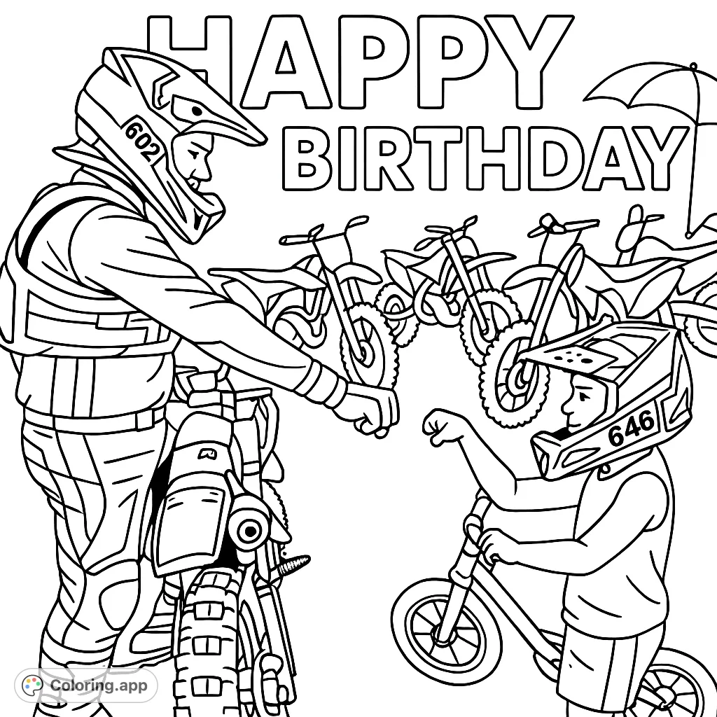 Celebrate with a Happy Birthday motocross coloring page! A rider and child with dirt bikes, ready for adventure. Perfect for fans of racing and outdoor fun.