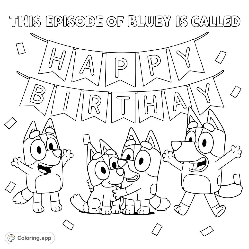 Join four cheerful cartoon dog characters celebrating a birthday with a festive banner and confetti. A fun and engaging coloring page for all ages.