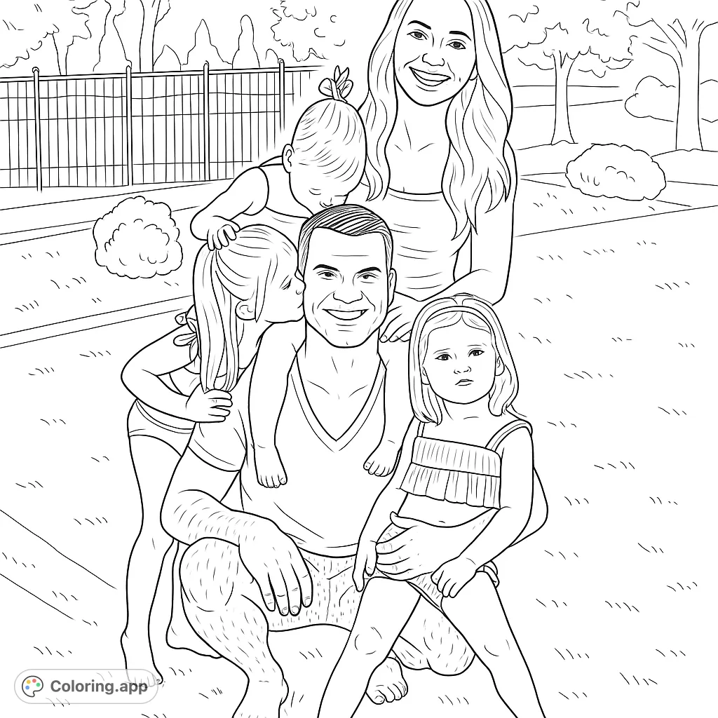 Capture a heartwarming family moment with this free printable family coloring page. Features parents and three children posing happily outdoors.