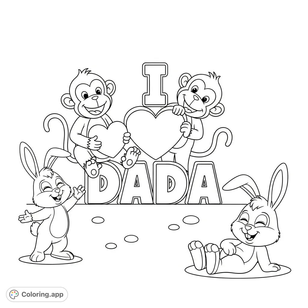 A heartwarming coloring page featuring playful cartoon monkeys and bunnies surrounding the loving phrase "I love dada." Perfect for family fun and expressing affection.