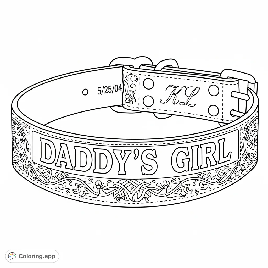 Discover a unique collar design featuring 'DADDY'S GIRL' text, intricate feminine engravings, and a specific date and initials. A detailed adult coloring page.