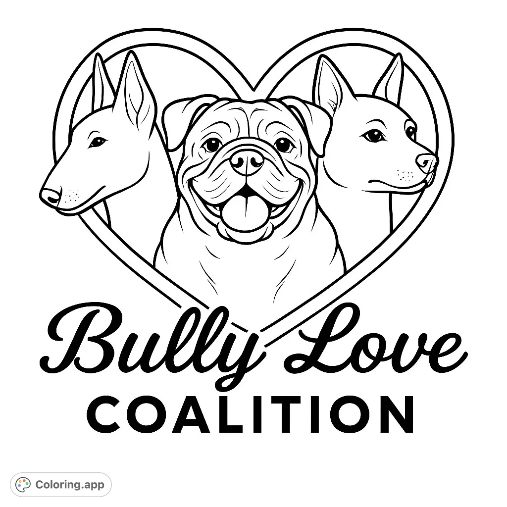 A heartwarming coloring page featuring three beloved dog breeds nestled within a heart, perfect for dog lovers of all ages to enjoy.