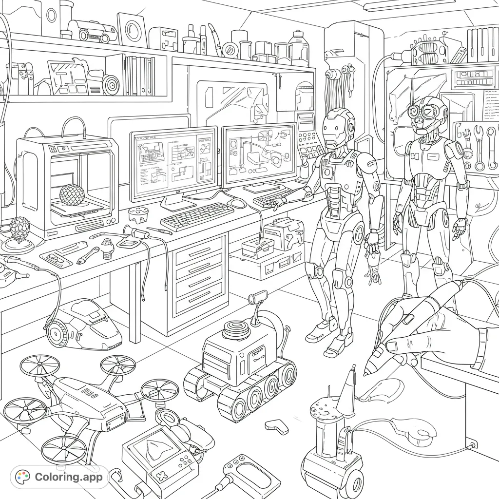 Explore a dynamic technology coloring page featuring drones, robots, 3D printers, and computers in a futuristic workshop. Unleash your creativity!