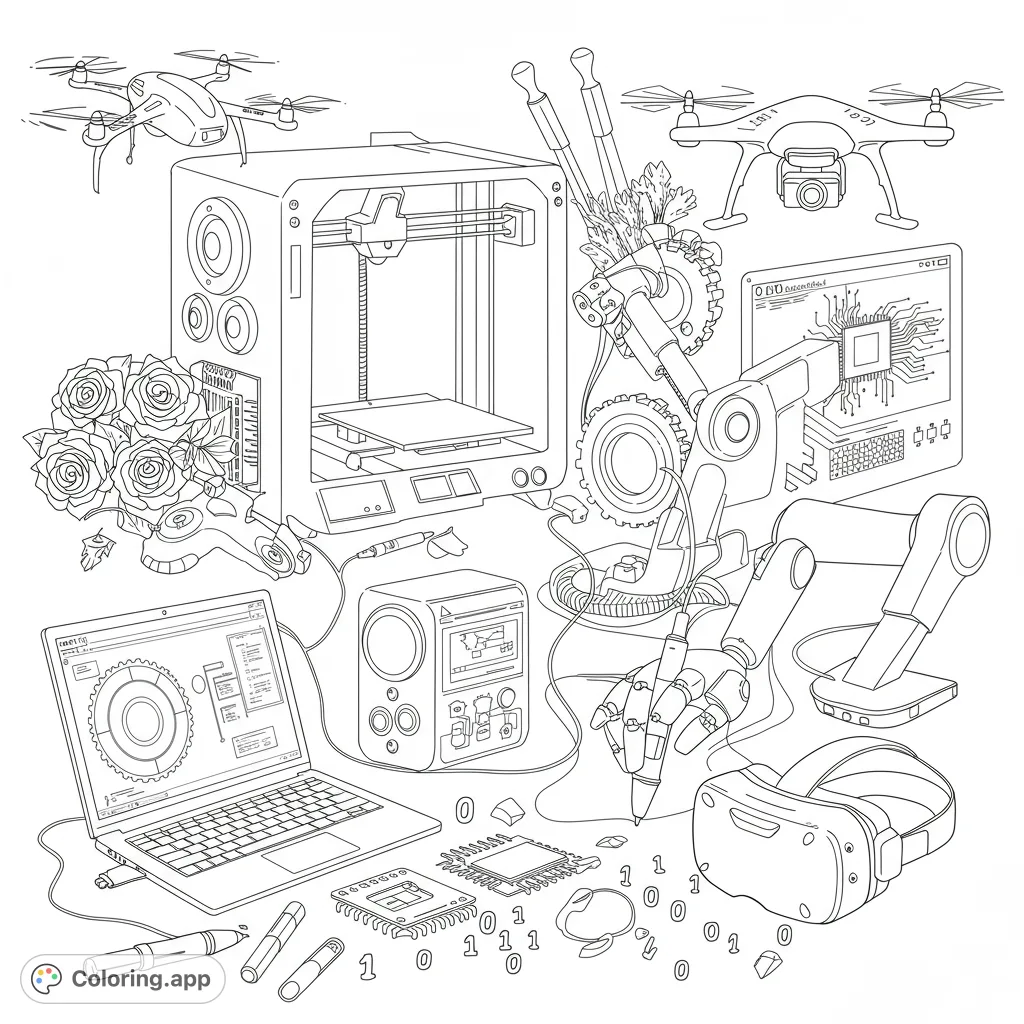 Explore a world of innovation with this tech-themed coloring page featuring 3D printers, drones, robots, and coding symbols. Perfect for tech enthusiasts!