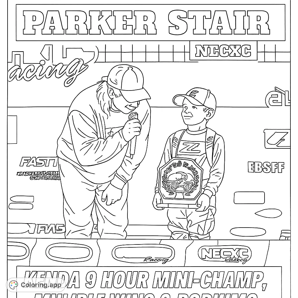 Celebrate victory with this racing podium coloring page! A young champion holds his trophy alongside an adult, set against a dynamic racing backdrop.