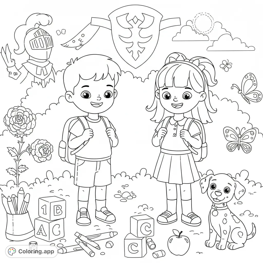 Celebrate the first day of preschool with this charming coloring page featuring two happy children, backpacks, school supplies, a playful puppy, and a knight's emblem.