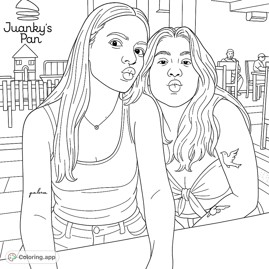 Two friends strike a playful pose in a cafe, ready for you to add vibrant hues to their expressions and the lively background.