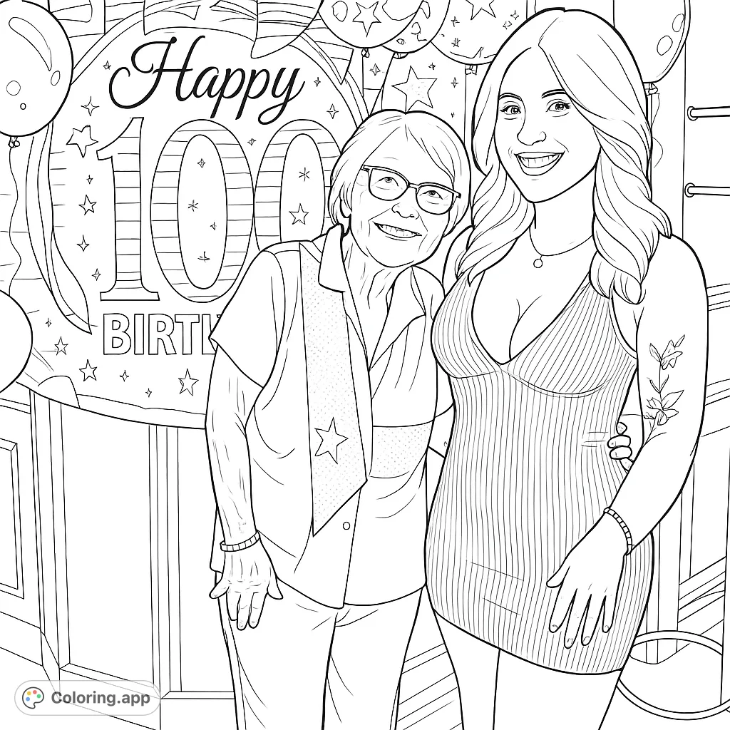 Celebrate a special milestone with this heartwarming 100th birthday coloring page featuring two smiling women and a festive banner.