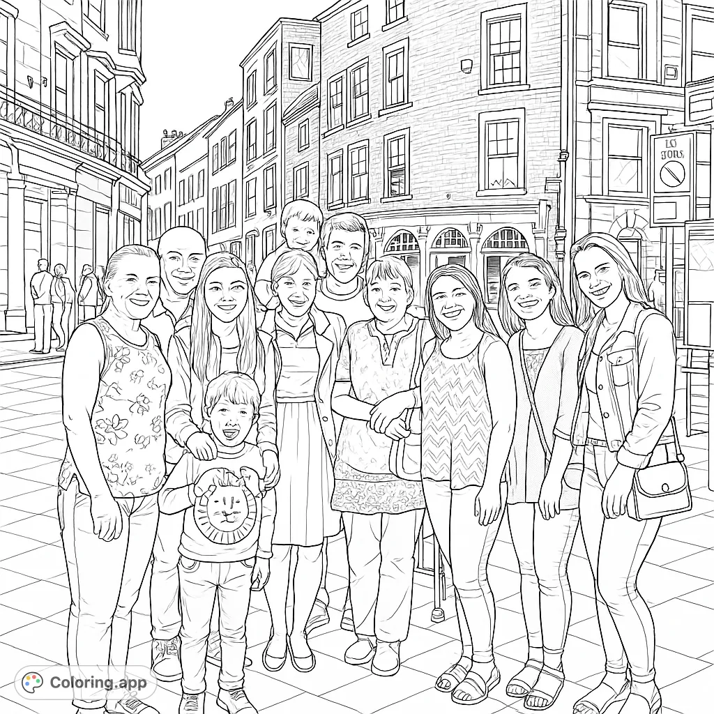 A lively group of people, including children, enjoying a day out on a bustling city street with historic buildings and detailed street elements.