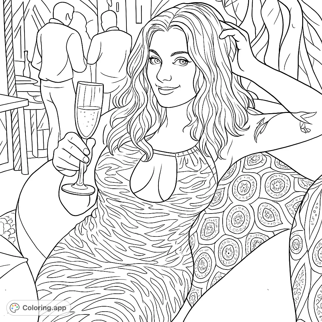An elegant woman seated, holding a glass, with intricate patterns on her dress and cushion. Perfect for detailed coloring and relaxation.