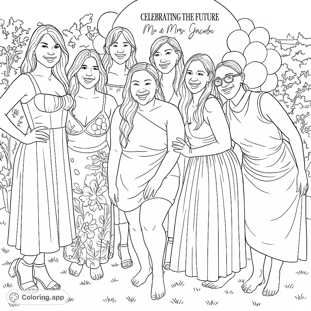 A joyful gathering of six women celebrating outdoors, perfect for adding vibrant hues to their dresses and the festive background.