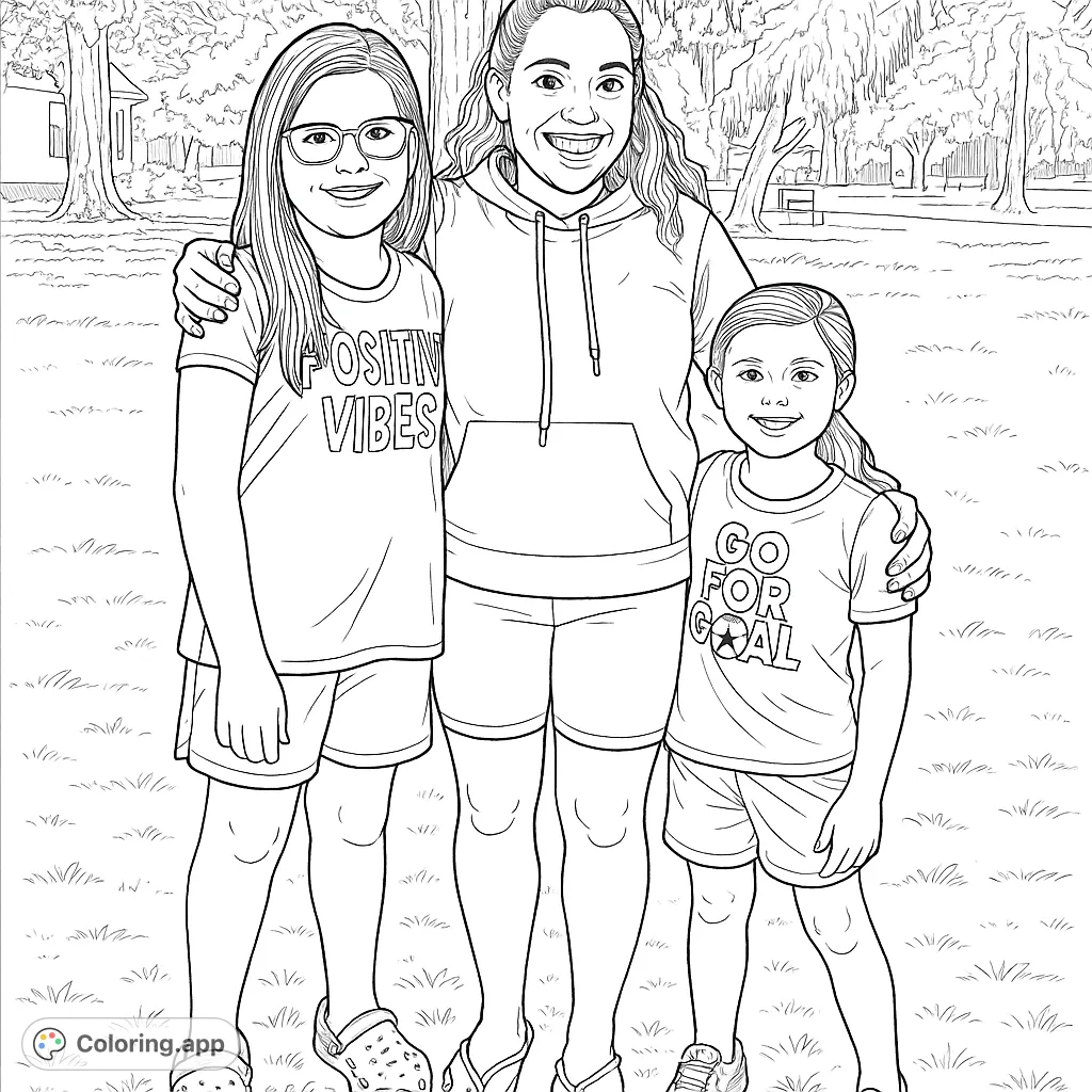 A heartwarming scene of three smiling individuals embracing in a park, perfect for a free printable coloring page. Capture joy and connection!