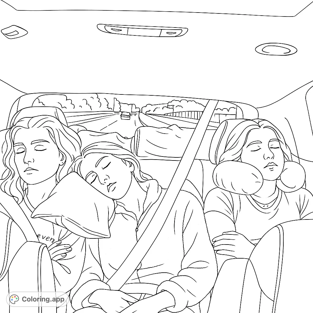 Three friends napping peacefully in a car during a road trip. A cozy scene perfect for relaxation and travel-themed coloring.