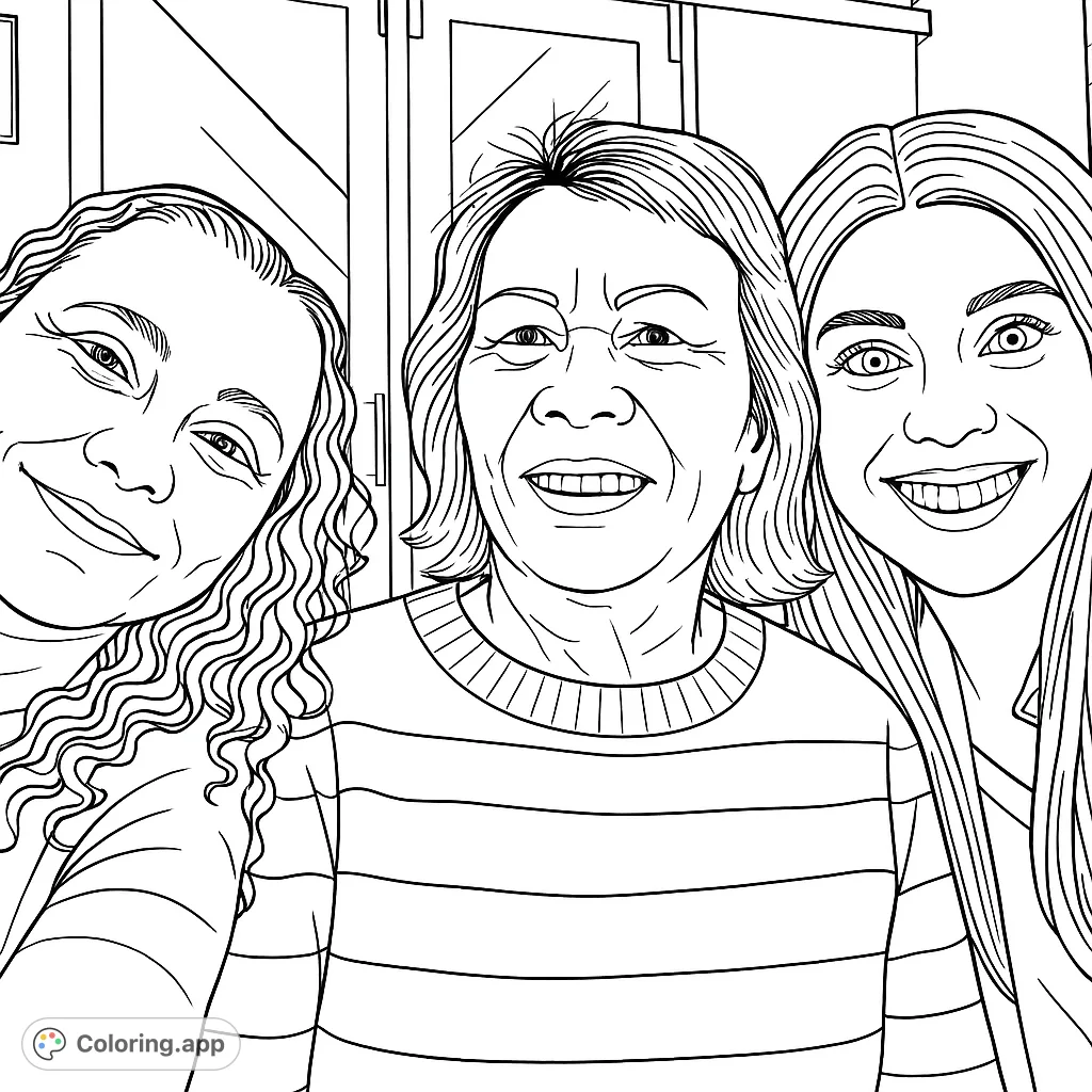 Capture the warmth of connection with this family portrait coloring page featuring three smiling individuals. Perfect for all ages!