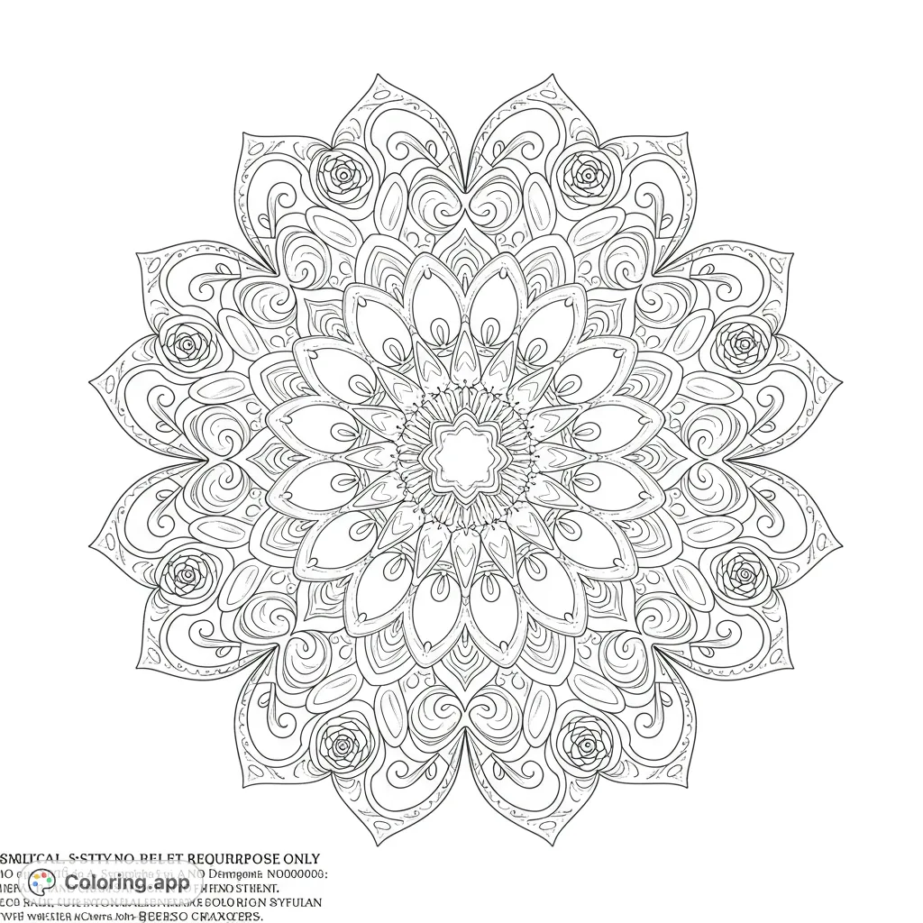 Unwind with this intricate symmetrical mandala coloring page, featuring detailed radial patterns perfect for mindful coloring and stress relief.