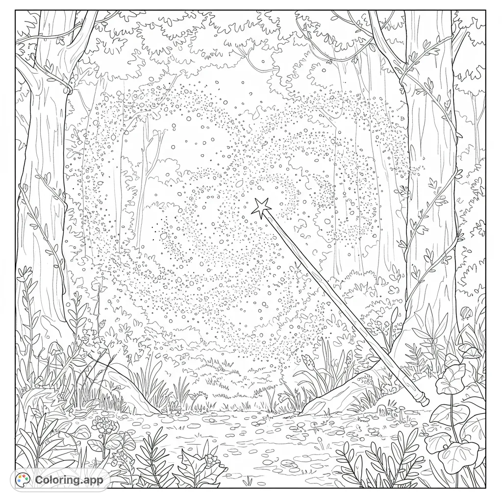 Discover a magical forest scene with a glittering wand casting an ethereal glow. A fantasy coloring page for all ages.