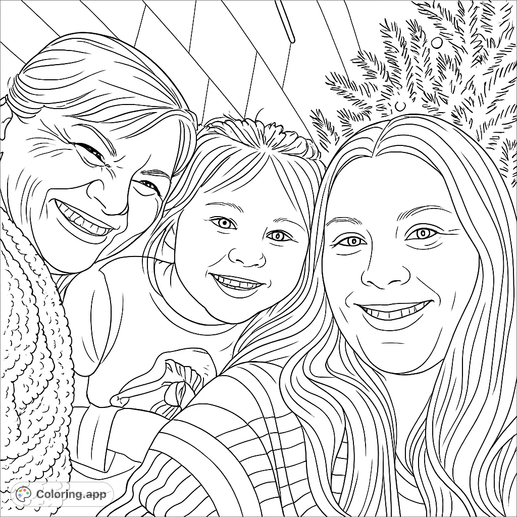 Capture heartwarming family moments with this joyful family selfie coloring page. Features three generations smiling together against a festive background.