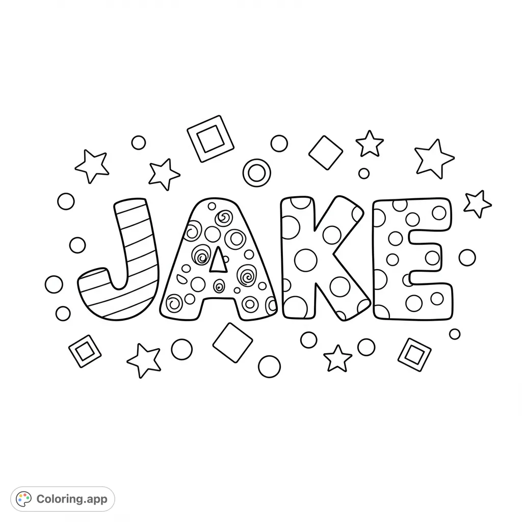 A cheerful coloring page featuring the name JAKE in playful bubble letters, surrounded by stars and friendly shapes, perfect for young artists.