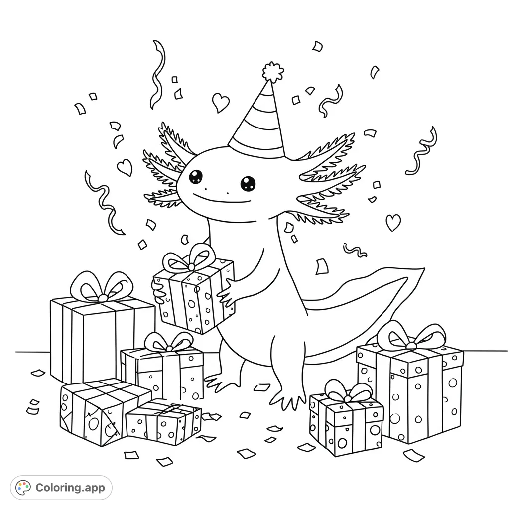 A cheerful axolotl celebrates amidst a shower of confetti and wrapped presents, ready for a fun coloring adventure. Perfect free printable axolotl coloring page.