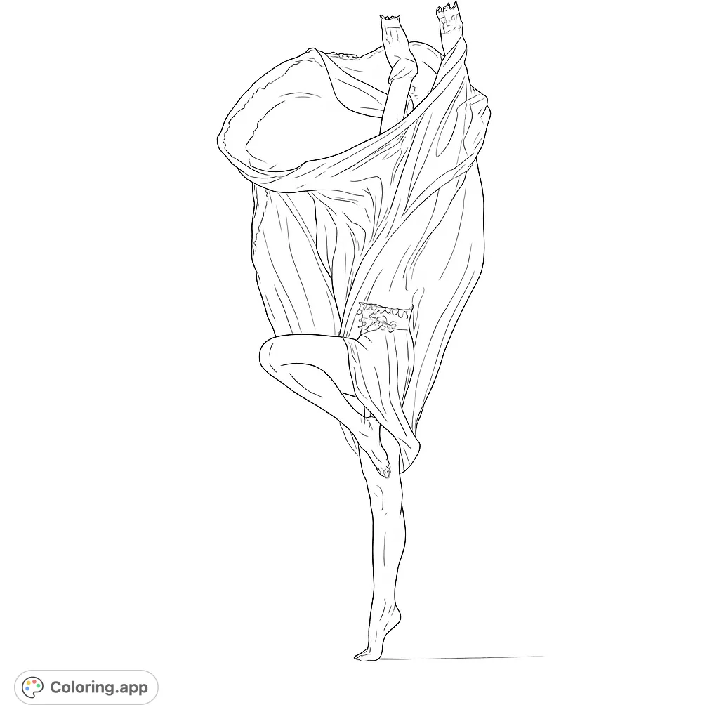 Capture the elegance of a figure enveloped in dynamic, flowing fabric. This graceful design offers intricate folds and a sense of movement for a captivating coloring experience.
