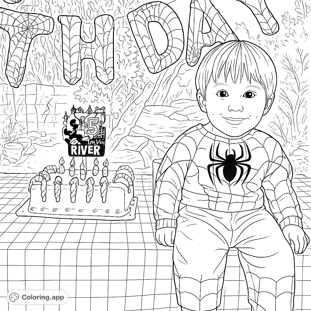Celebrate with a little hero! This superhero birthday coloring page features a child in costume, a festive cake, and party decorations.