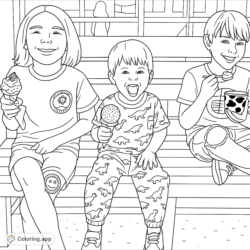 Three happy children enjoying ice cream on a bench, perfect for a fun and sweet coloring experience. A delightful free printable coloring page.