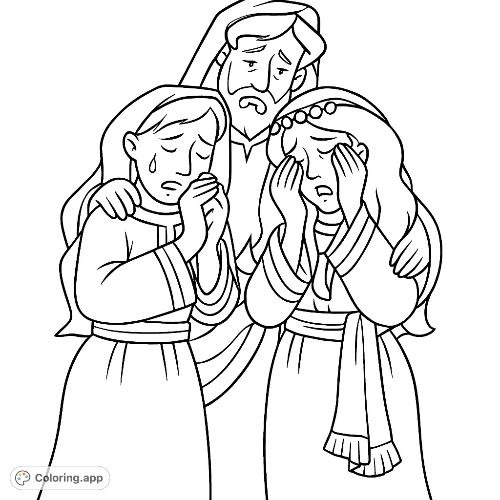 A heartwarming comforting embrace coloring page depicting a central figure offering solace to two crying individuals. A scene of empathy and support.