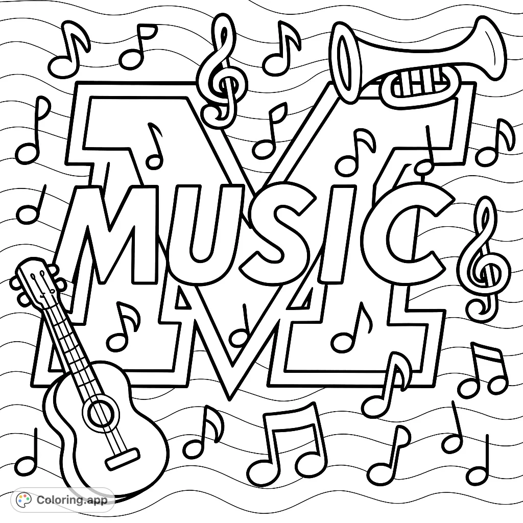 Dive into the rhythm with this music coloring page! Featuring bold "MUSIC" text over a stylized "M" and a background filled with musical patterns.