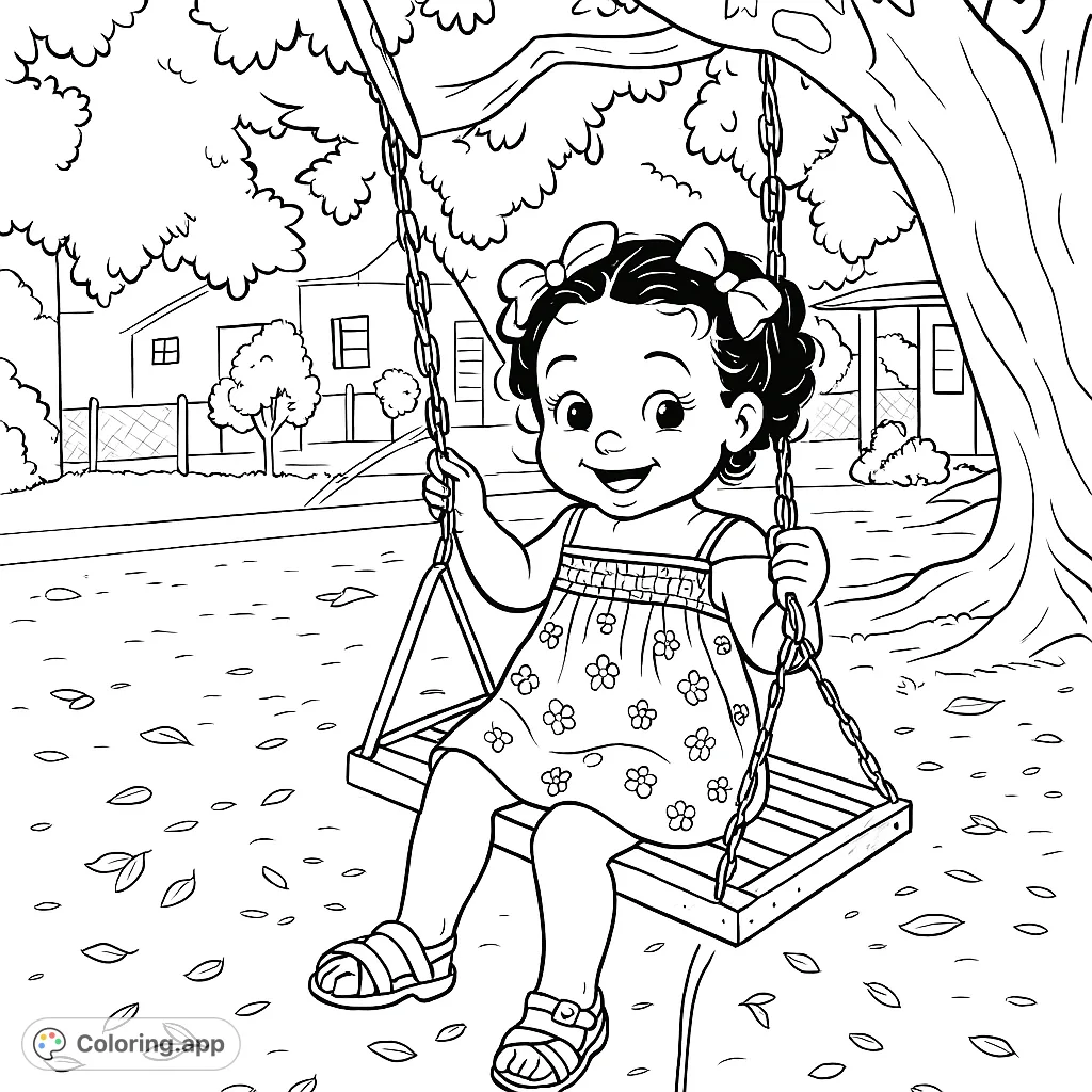 Capture the joy of childhood with this happy child on a swing. A delightful scene perfect for young artists to bring to life with their favorite colors.
