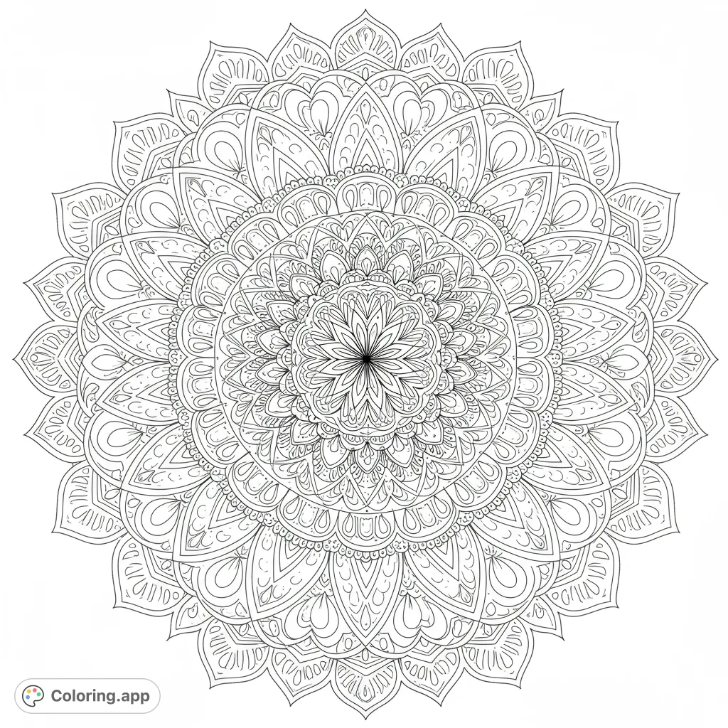 Explore a beautifully detailed mandala coloring page, featuring intricate patterns and a central inspiring message. Perfect for mindful creativity.