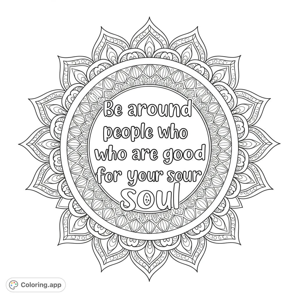 An intricate mandala design featuring geometric patterns and a central inspirational quote, perfect for mindful coloring and relaxation.