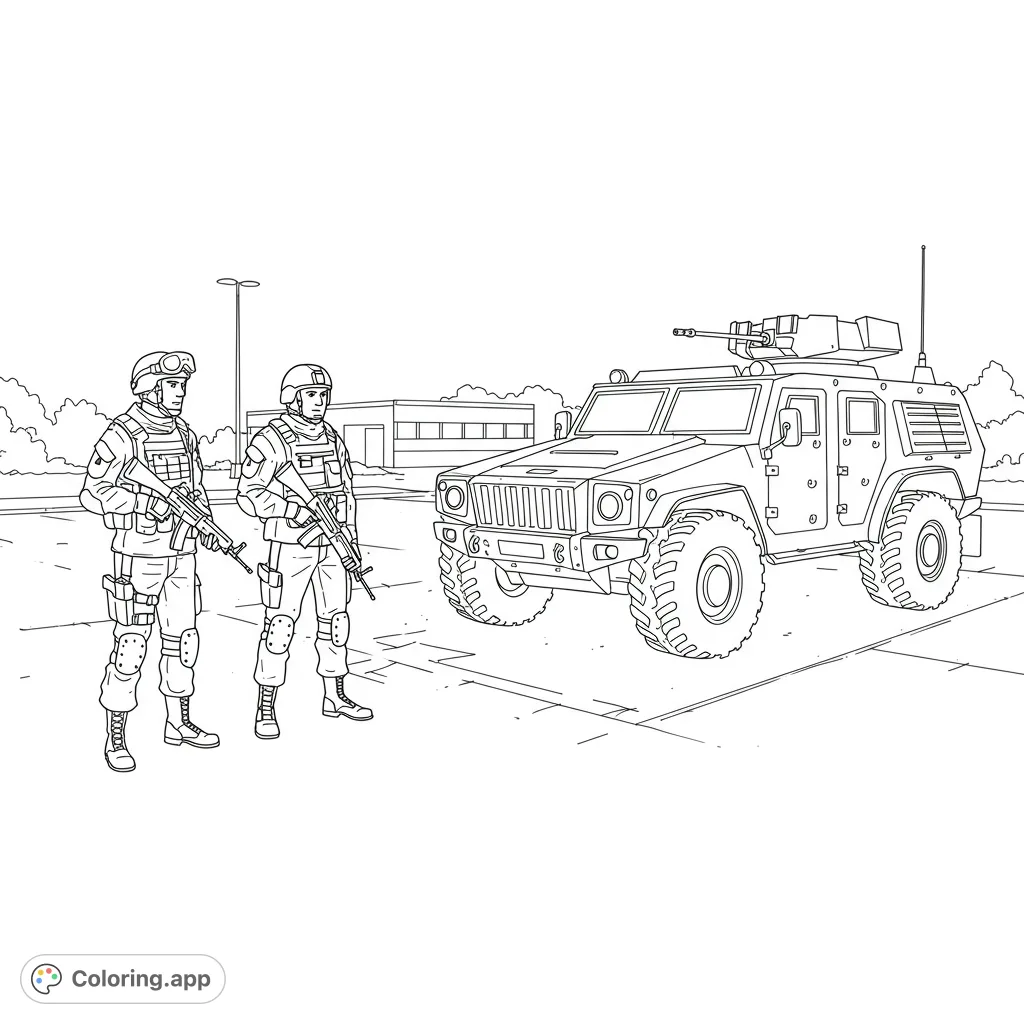 A detailed military coloring page featuring two soldiers and a robust vehicle in a parking lot. Perfect for fans of army themes and action scenes.