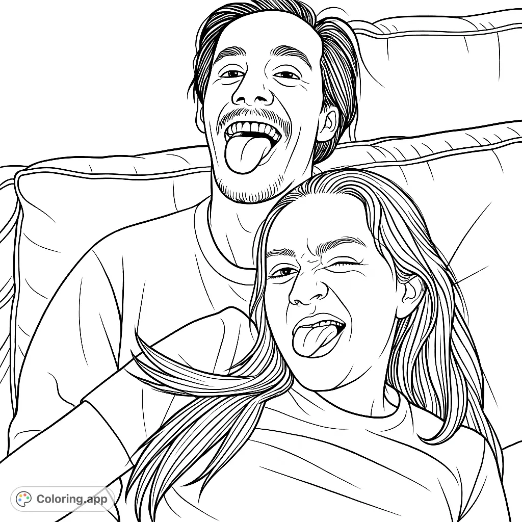 Capture a moment of playful fun with this silly faces coloring page featuring two friends or a couple on a couch. Perfect for lighthearted creativity!