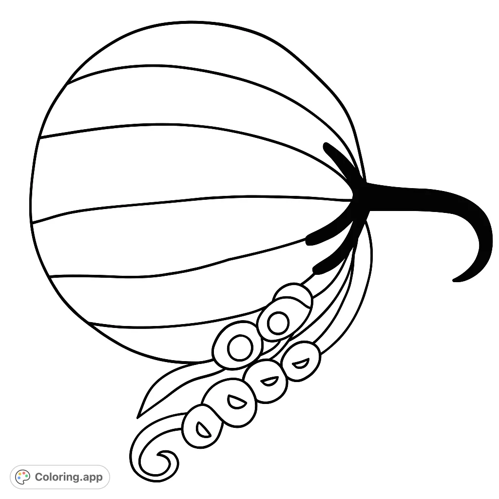 A charming, simple pumpkin coloring page, perfect for fall and harvest themes. Features a round pumpkin with a stem and winding vine.