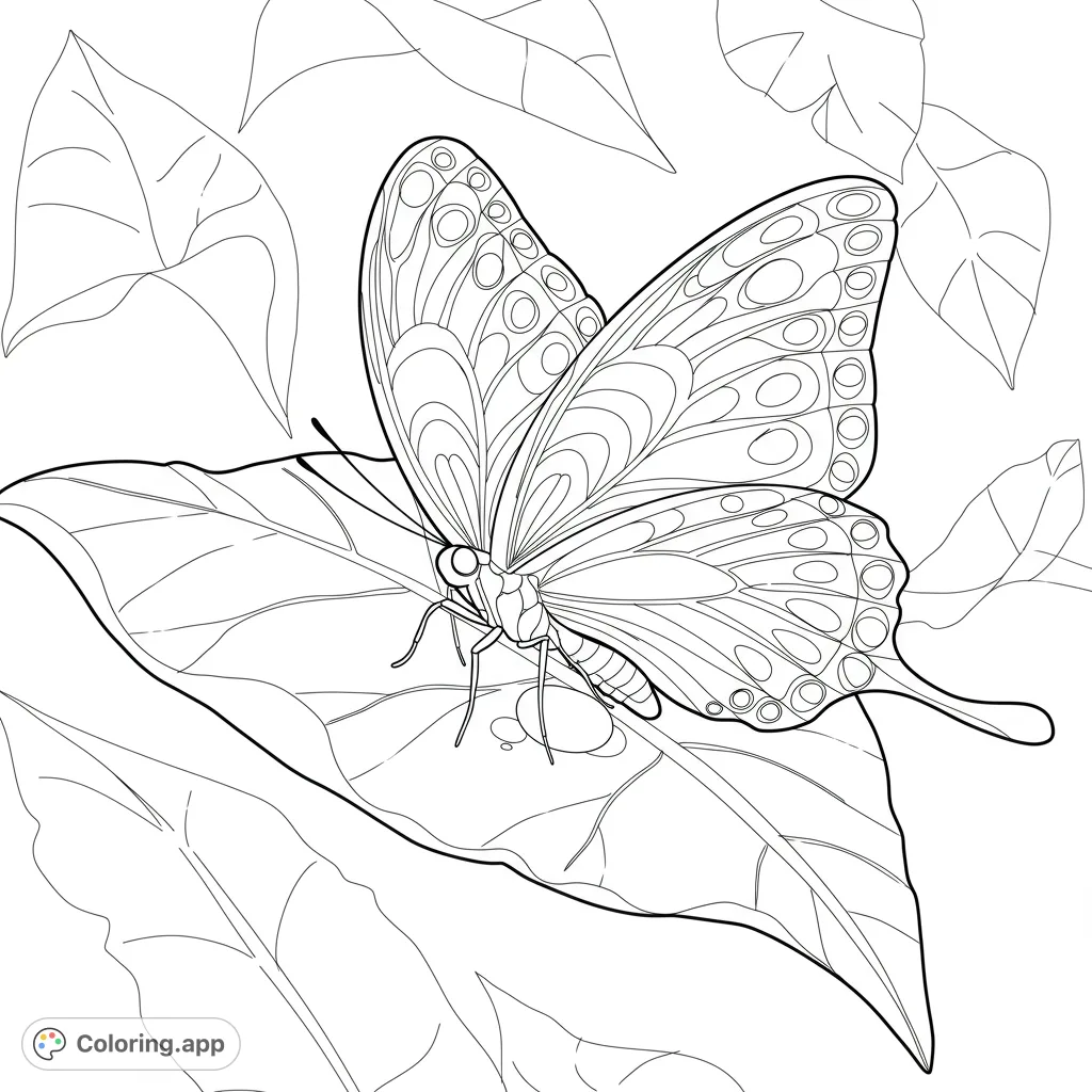 Witness nature's wonder with this butterfly coloring page. A detailed butterfly lays an egg on a textured leaf, perfect for all ages.