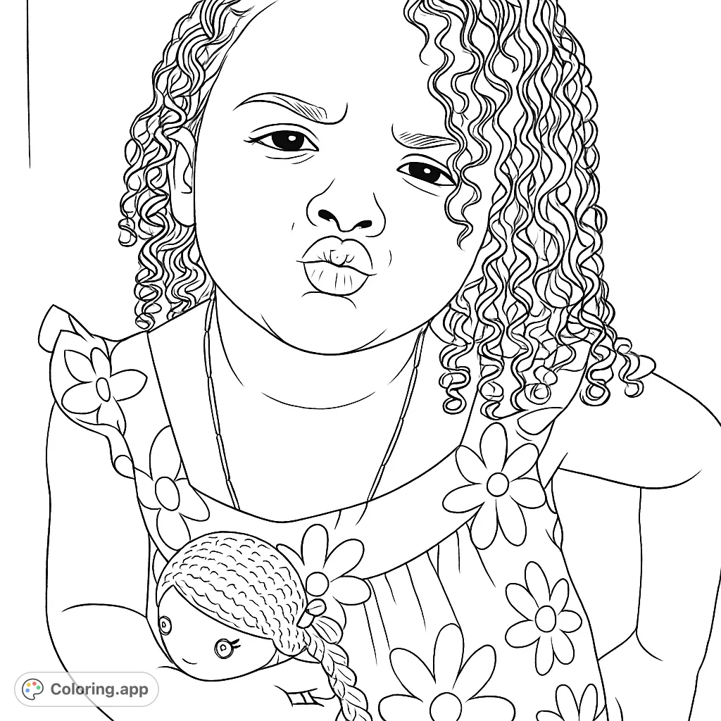 A charming coloring page featuring a child with curly hair holding a sweet crocheted doll, perfect for young artists to bring to life.