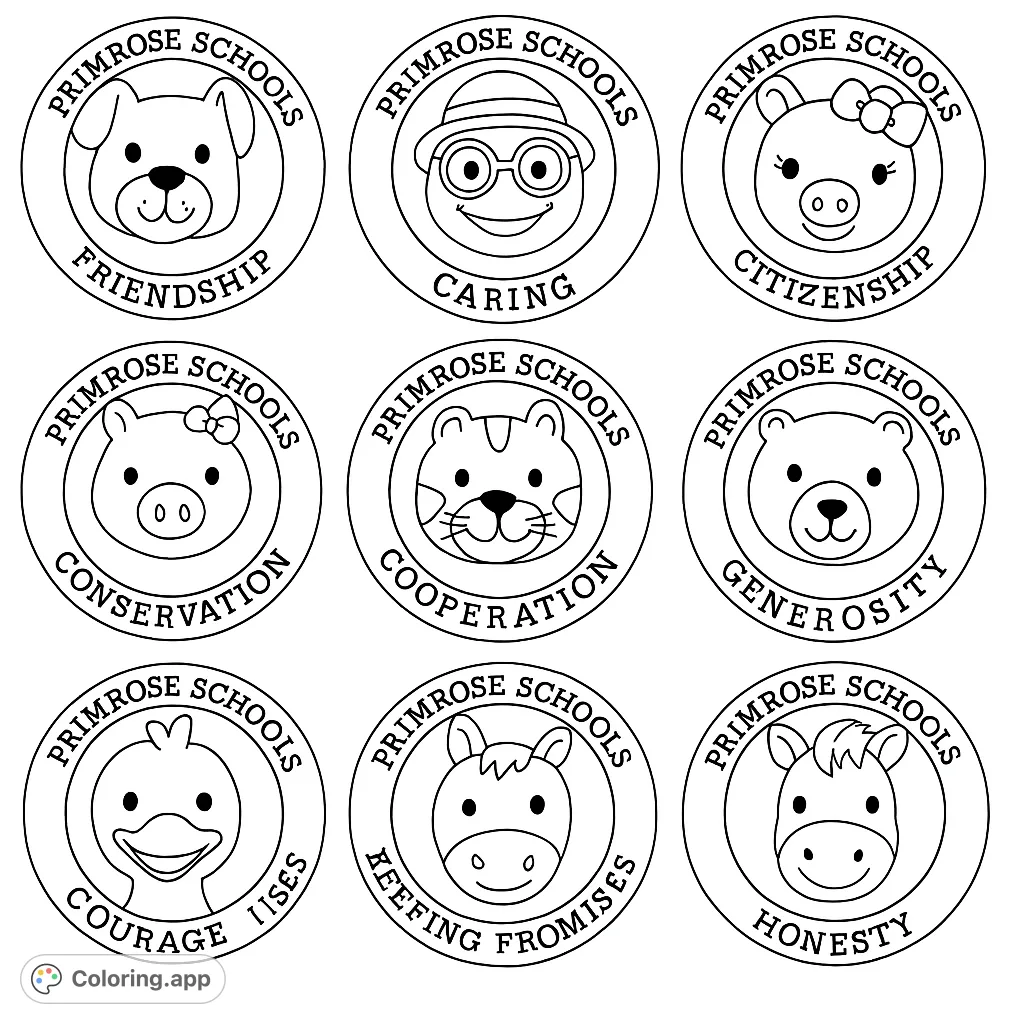 Explore a delightful grid of twelve animal character badges, each representing a positive trait. Perfect for teaching values and fostering creativity.