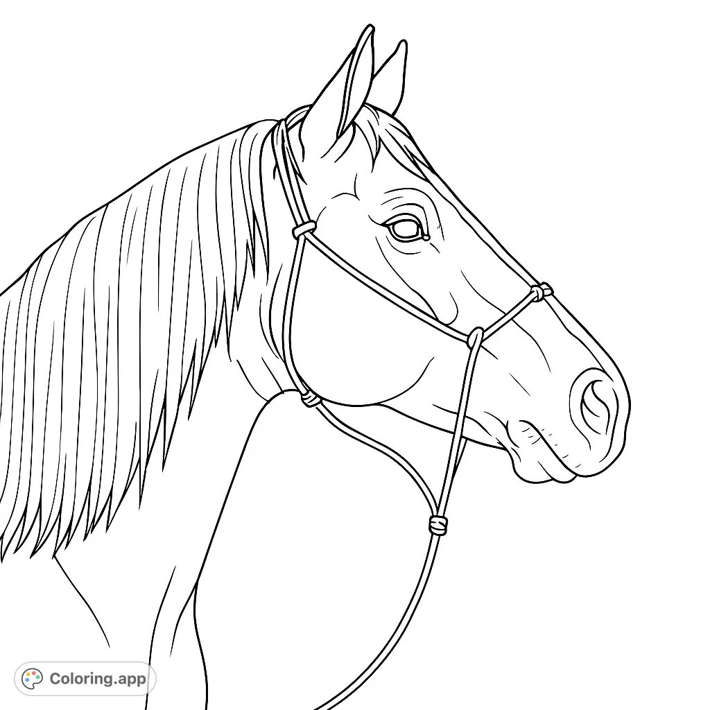 A stunning horse profile coloring page featuring a majestic equine with a flowing mane and detailed halter, set against an open sky. Perfect for animal lovers!