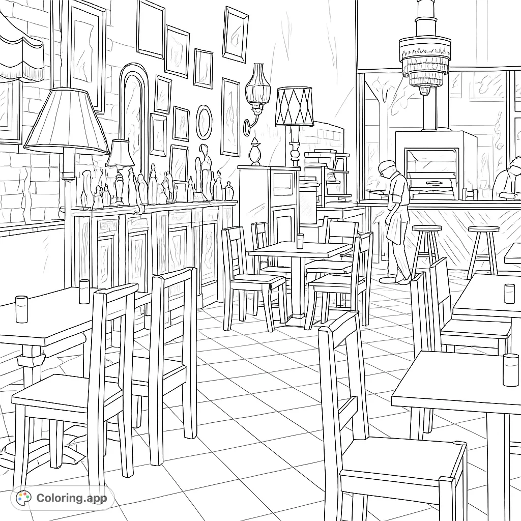 Step into a detailed restaurant interior with checkered floors, ornate decor, and a bustling kitchen. A unique and inviting scene for creative coloring.