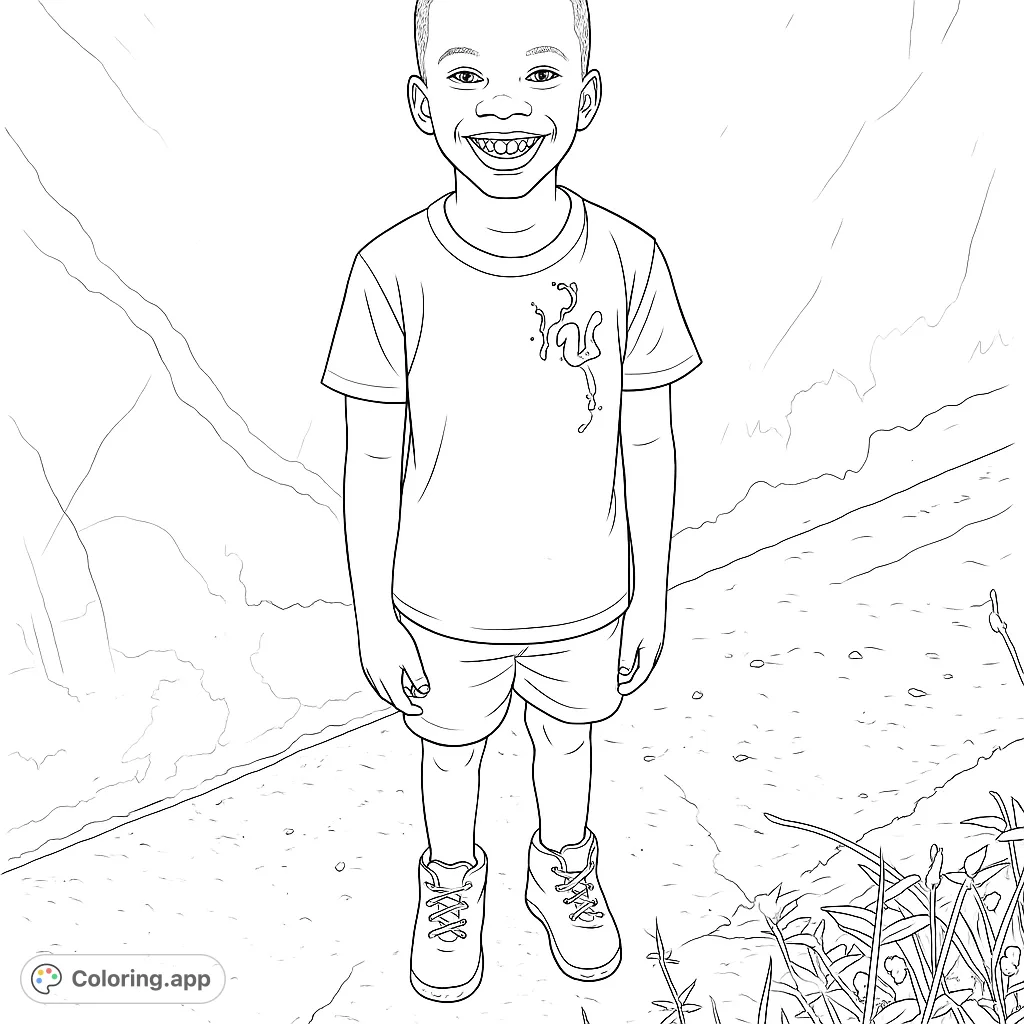 A delightful smiling child stands ready for coloring, featuring a textured background and playful clothing details. Perfect for young artists!