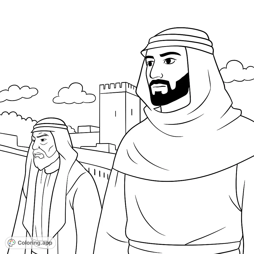 Explore an ancient cityscape with two robed figures. A detailed historical scene perfect for imaginative coloring.